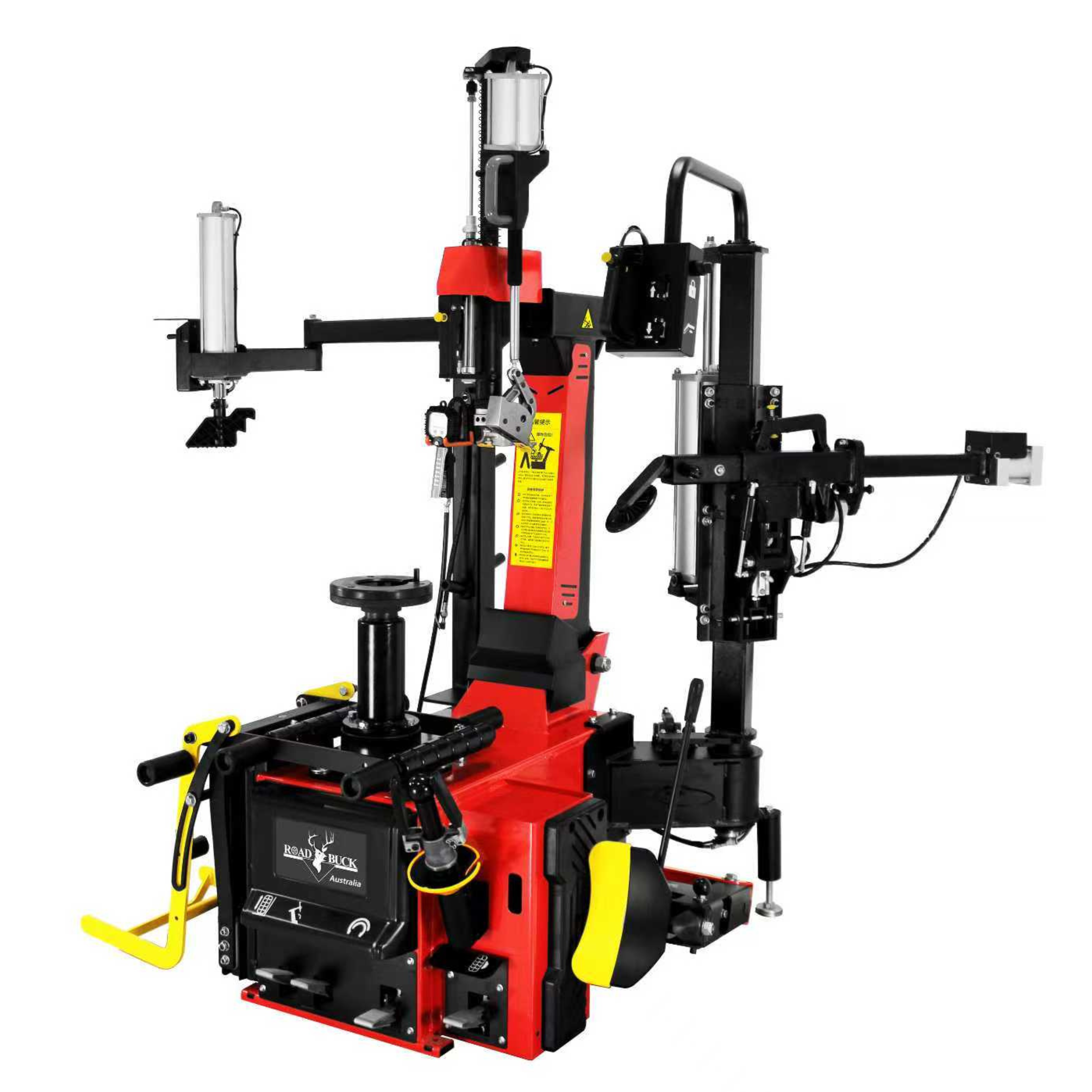Leverless centre clamping tyre changer with assist arm for higher-control professional tyre fitting work.