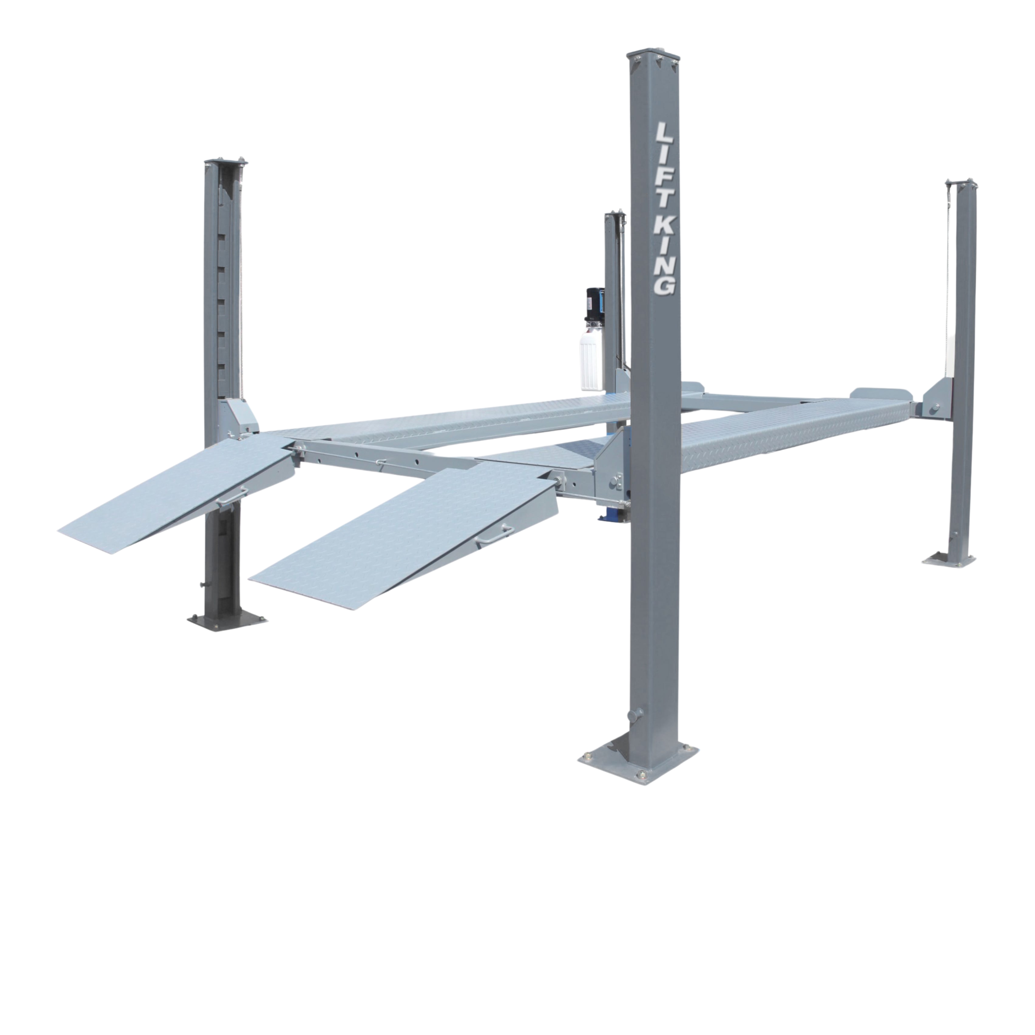 4T small-design four post lift for compact spaces, vehicle storage and practical service access.