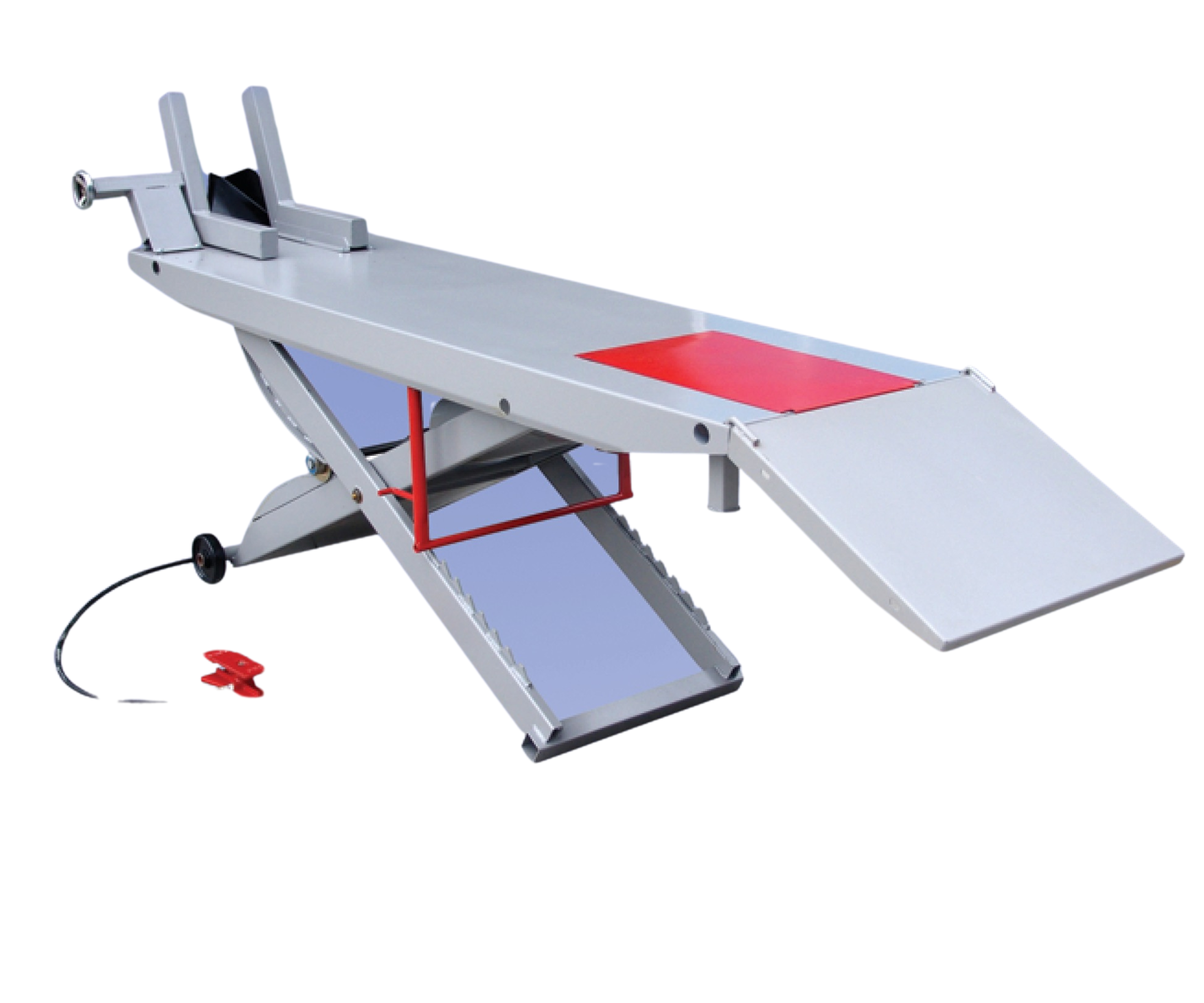 500 kg pneumatic motorcycle and ATV workbench for workshop repair, inspection and maintenance tasks.