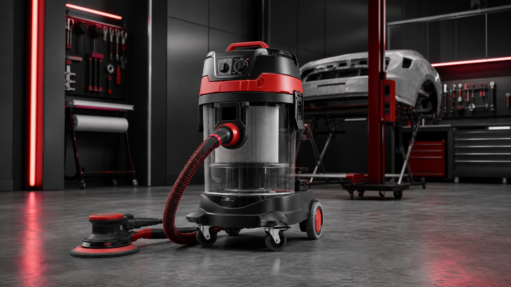 Dust-free sanding vacuum equipment in a black and red workshop setting.