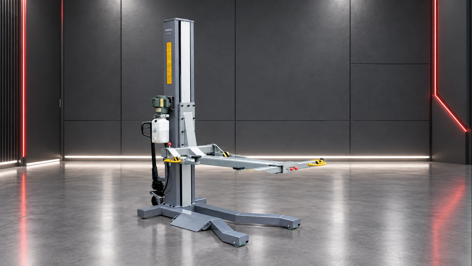 Lift King grey portable one-post service hoist with lifting arms and green power unit