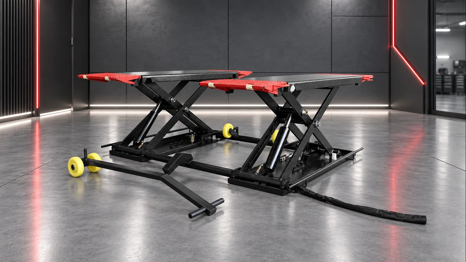 YS7802 Plus mid-rise scissor lift with twin platforms and red extensions