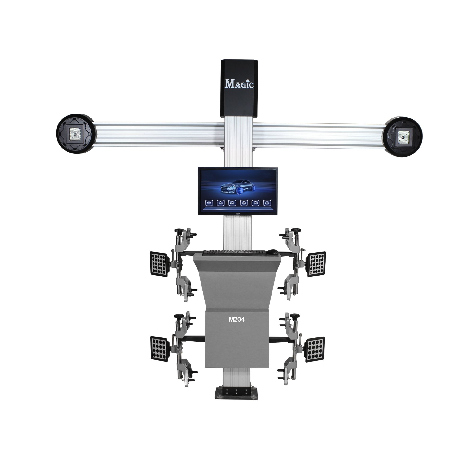 3D wheel aligner with dual-camera, target-disk measurement and fast workshop alignment workflow.
