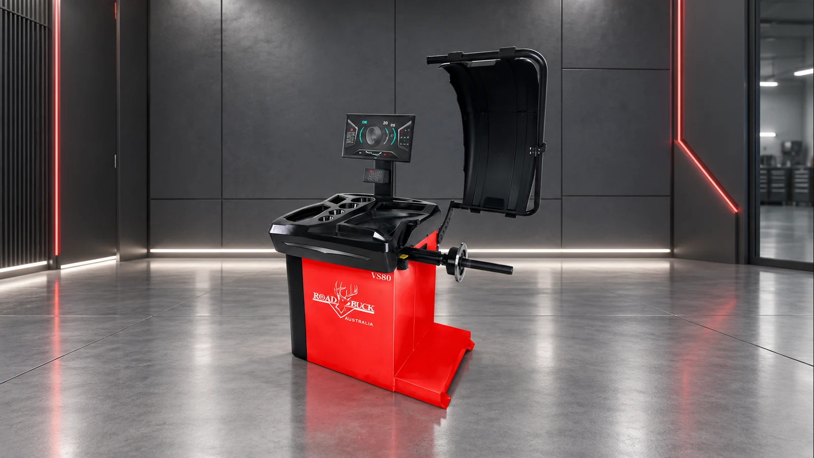 OP-V800 red and black wheel balancer with display, open guard and wheel spindle