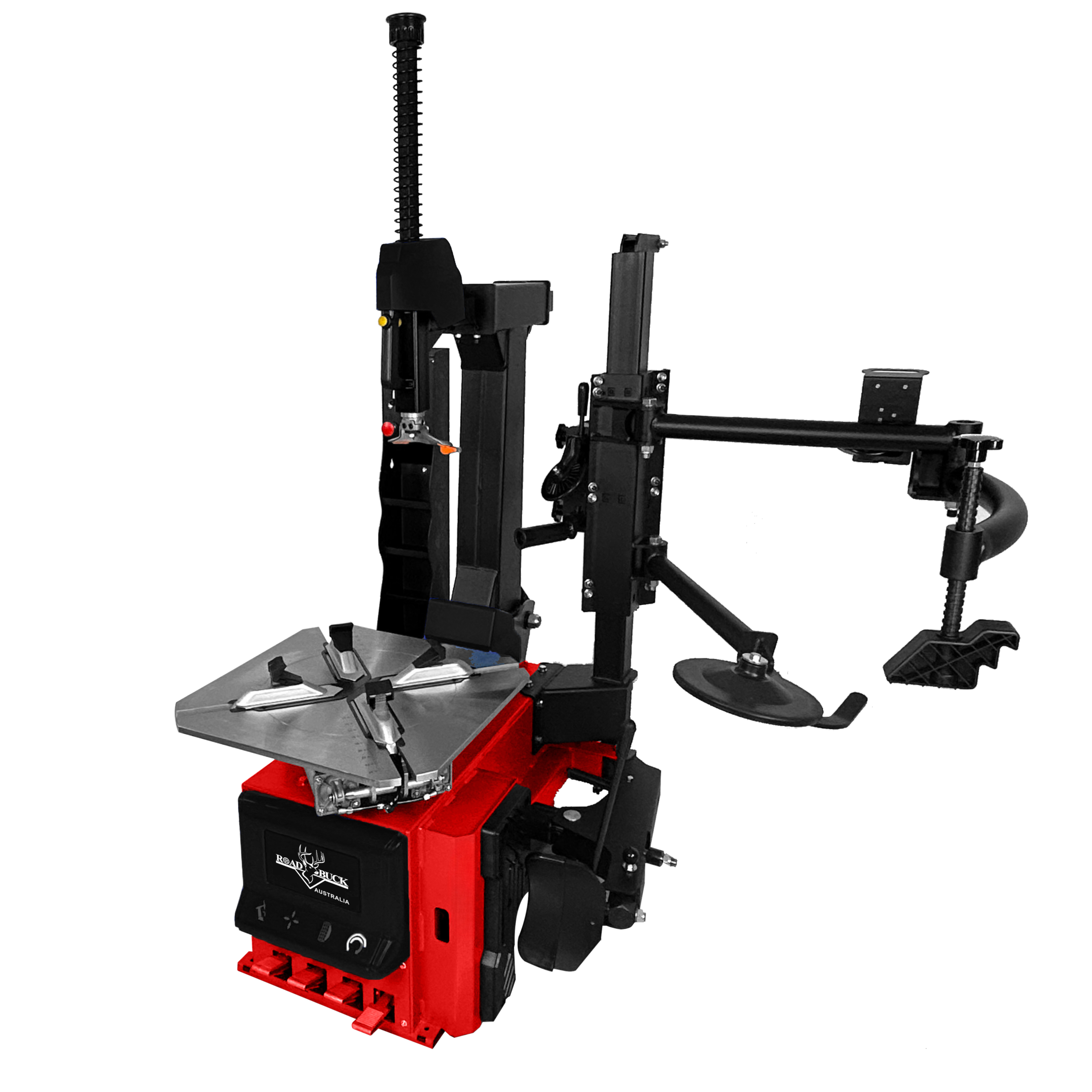 Tilt-back tyre changer with pneumatic assist arm for professional tyre fitting and more demanding workshop use.
