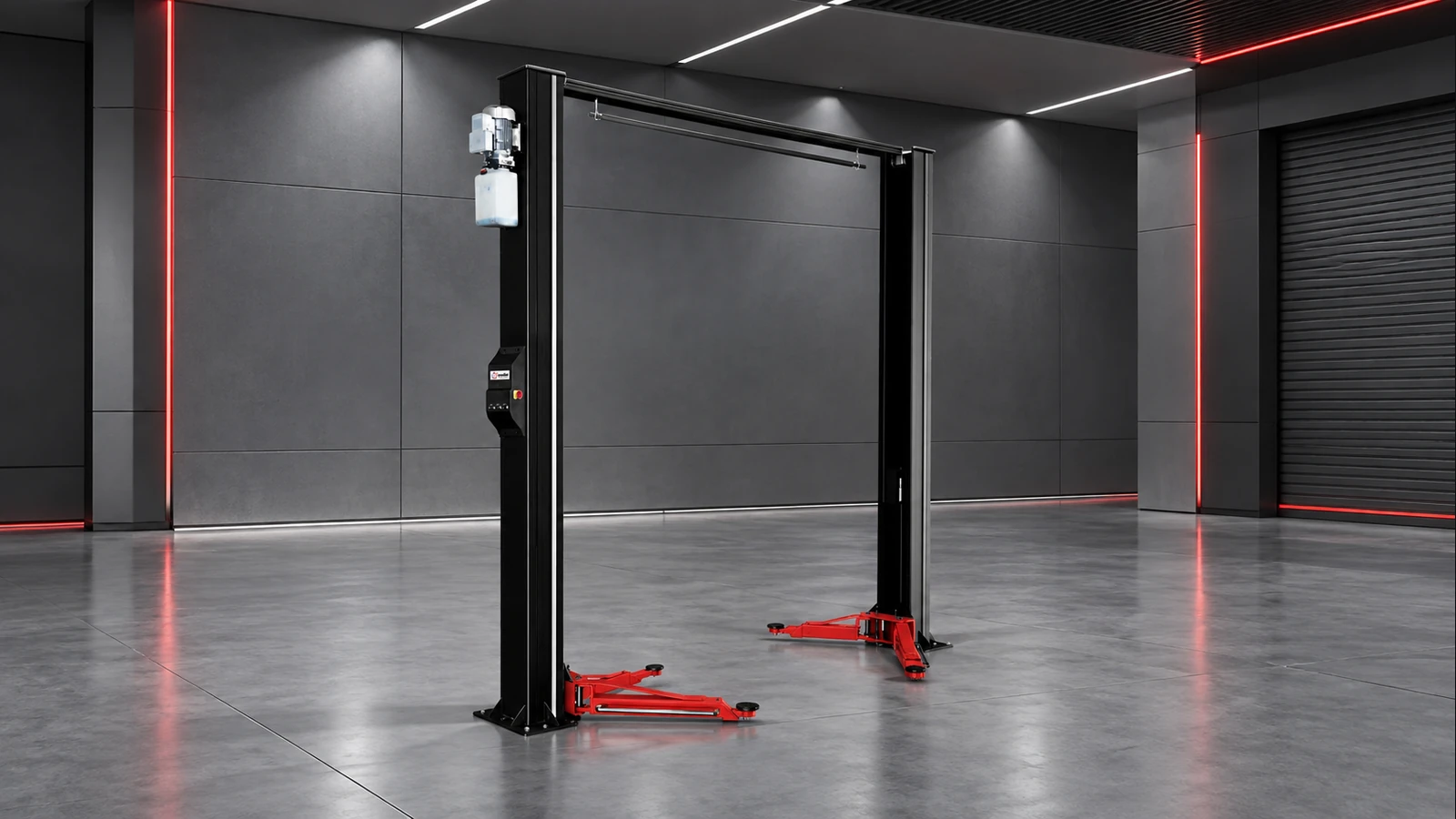 YS7702E Plus two-post hoist with red lifting arms in a graphite workshop
