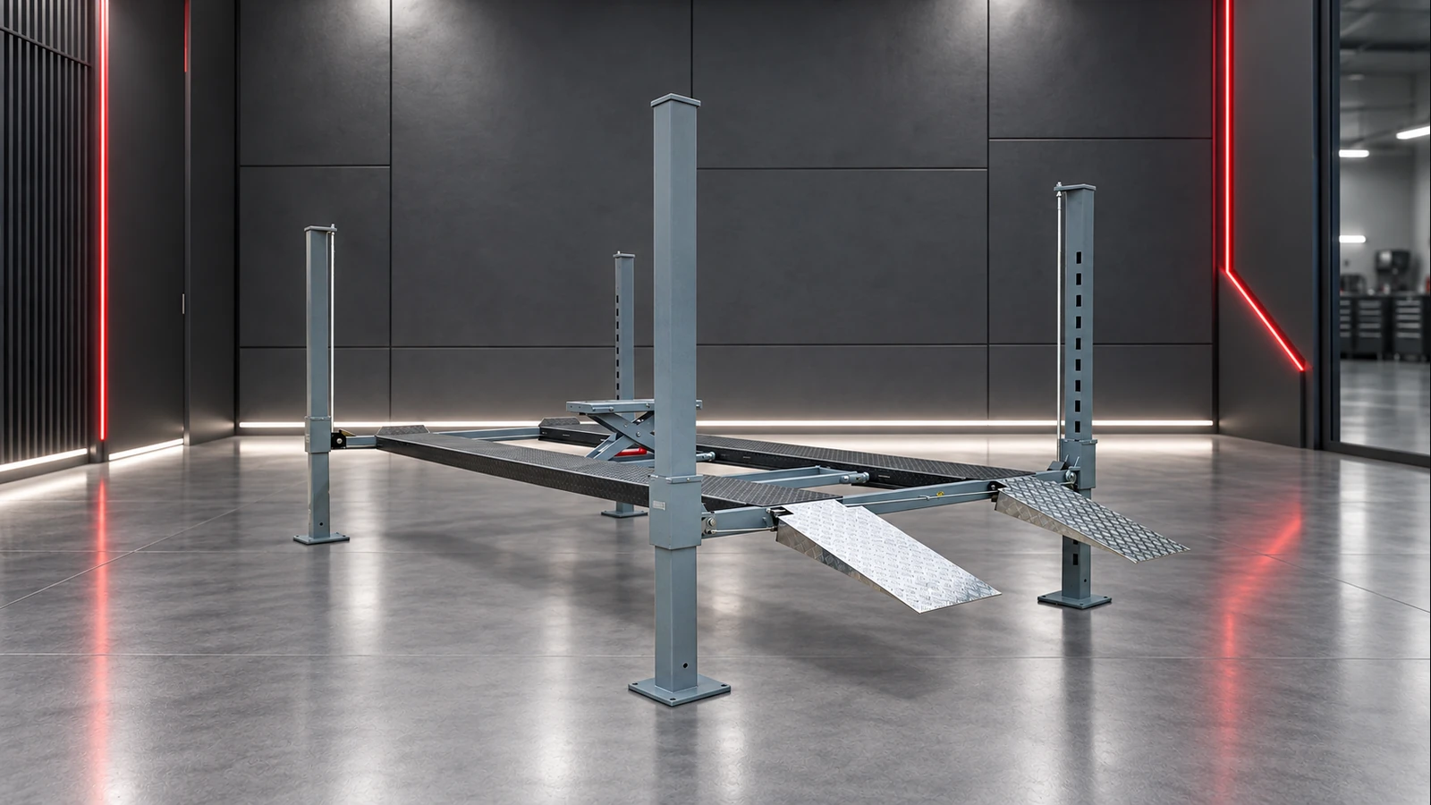 Lift King 9XL grey four-post lift with runways and approach ramps