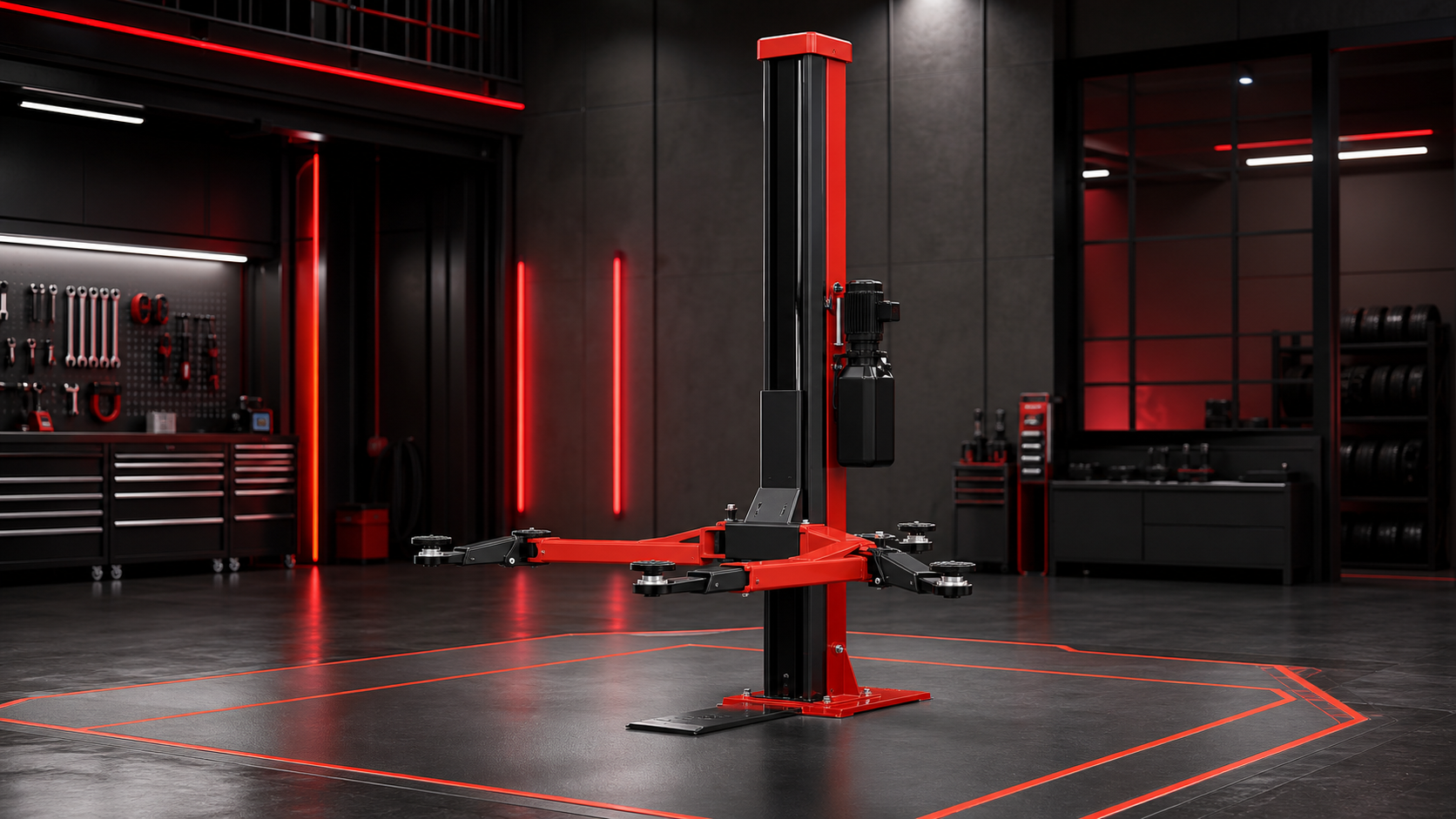 One post hoist equipment in a black and red technology workshop setting.
