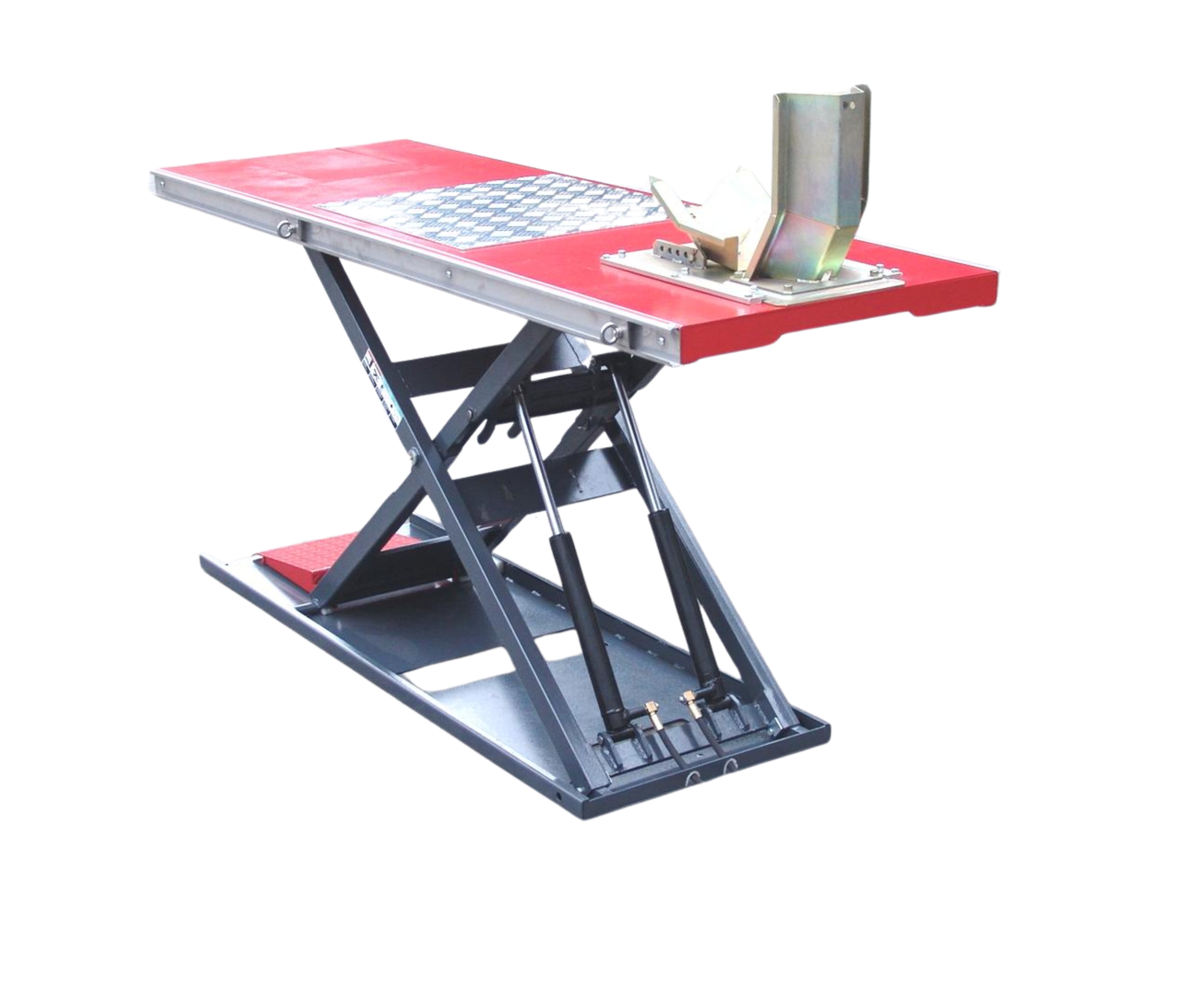 600 kg electro-hydraulic motorcycle and ATV workbench for compact workshop service and repair use.