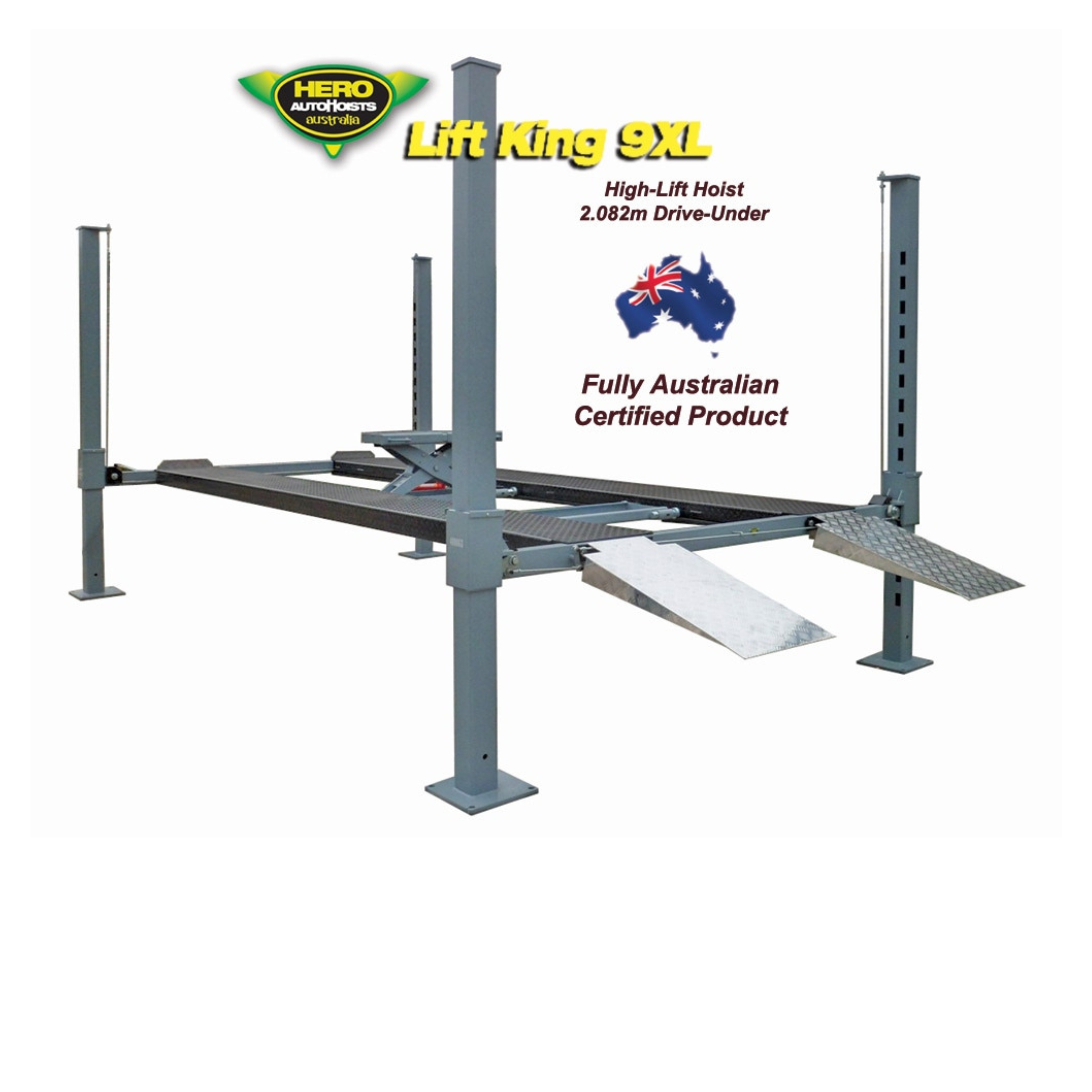 4T high-lift four post lift with longer runways and wider post spacing for larger vehicles, vans and storage applications.