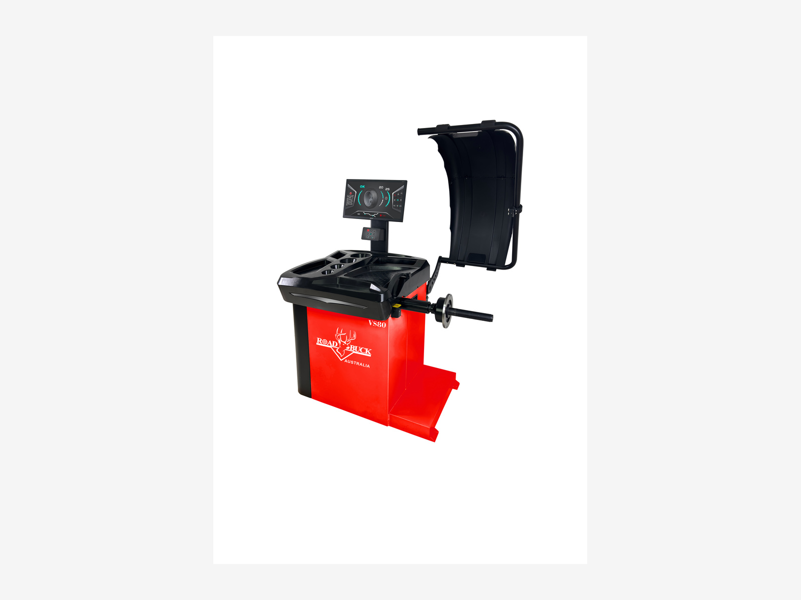 Android wheel balancer with automatic input and 3D laser guidance.