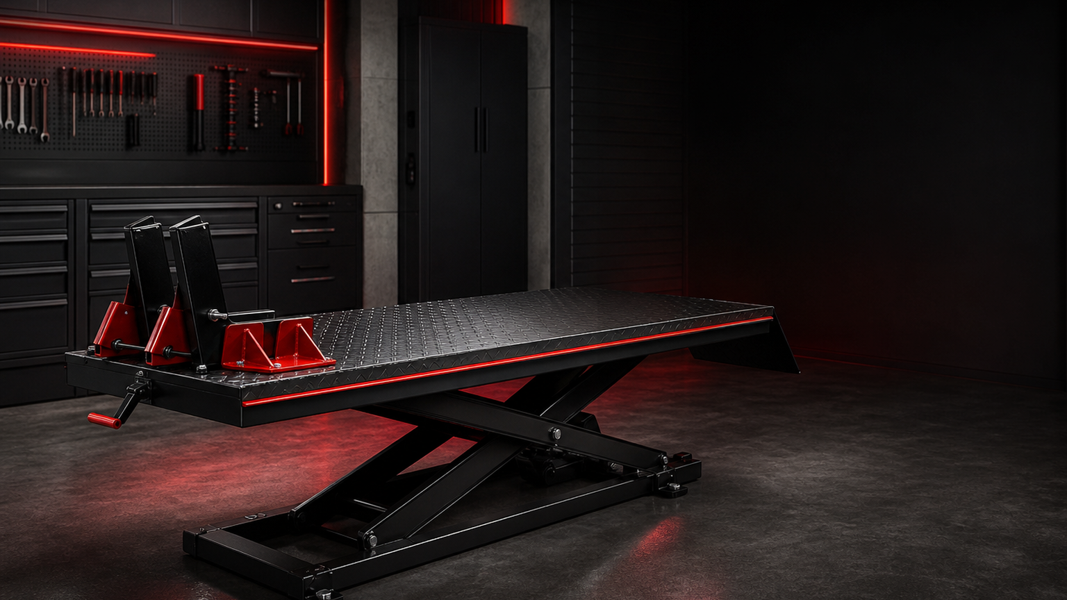 Motorcycle and ATV lift benches for professional and enthusiast workshop use.