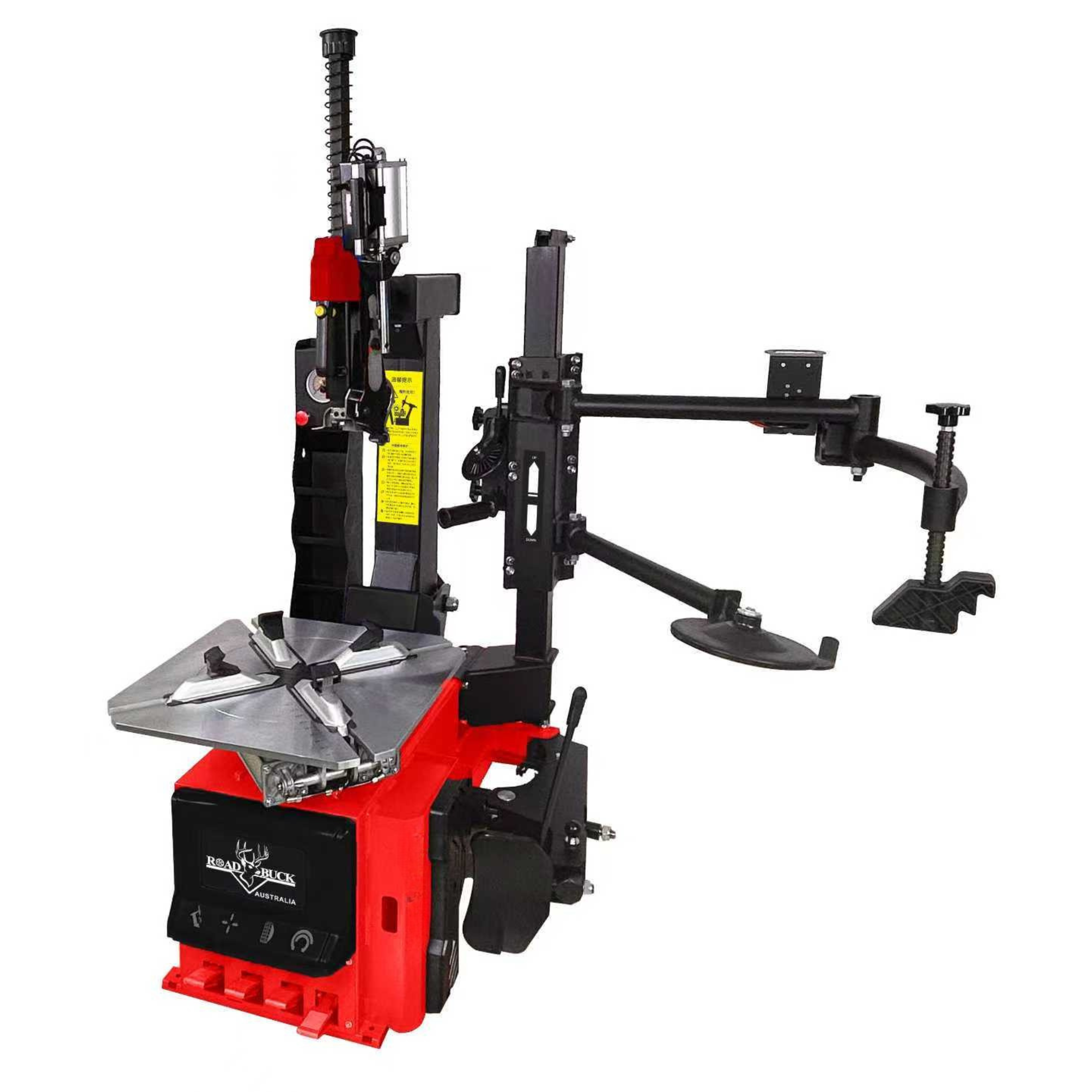 Leverless tilt-back tyre changer with pneumatic assist arm for more advanced tyre service applications.