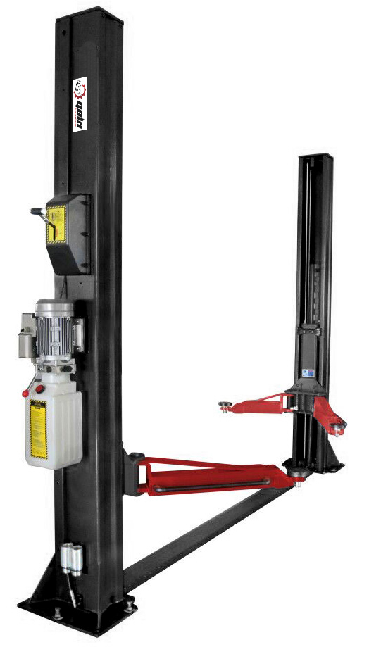 4T baseplate two-post hoist designed for low-ceiling workshops, offering reliable lifting performance, strong column support and practical access for cars, SUVs and light commercial vehicles.