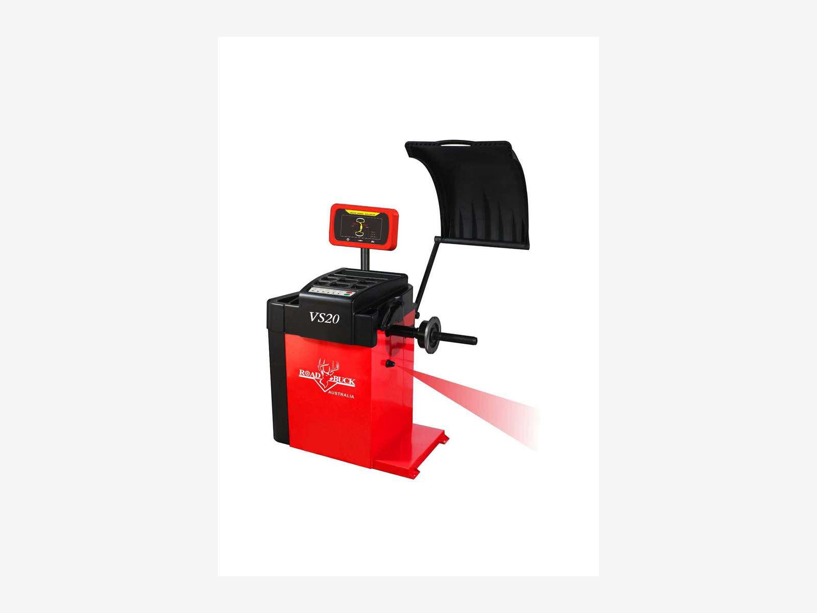 Manual-input LED wheel balancer with laser weight positioning.