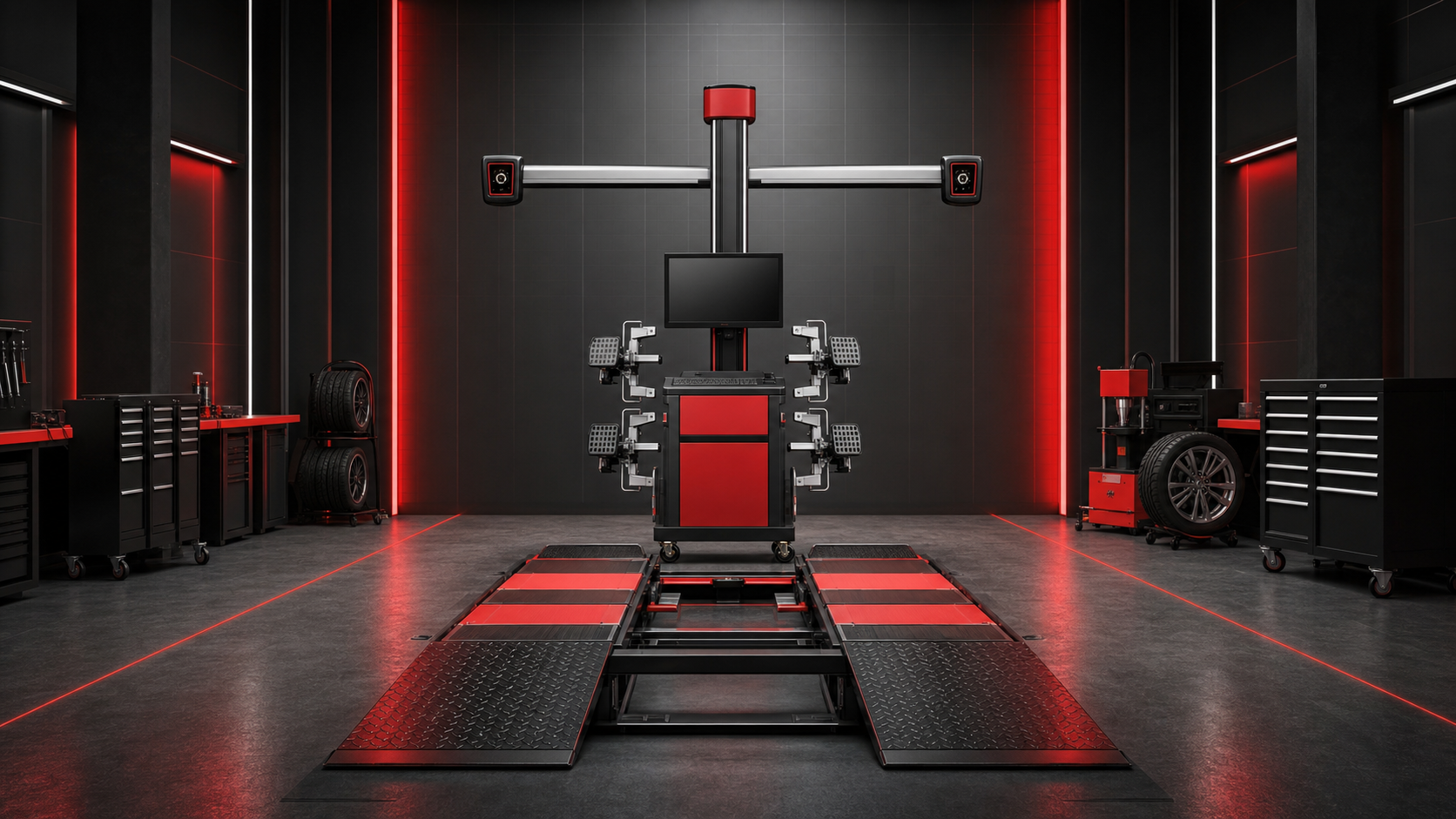 3D wheel aligner equipment in a black and red technology workshop setting.