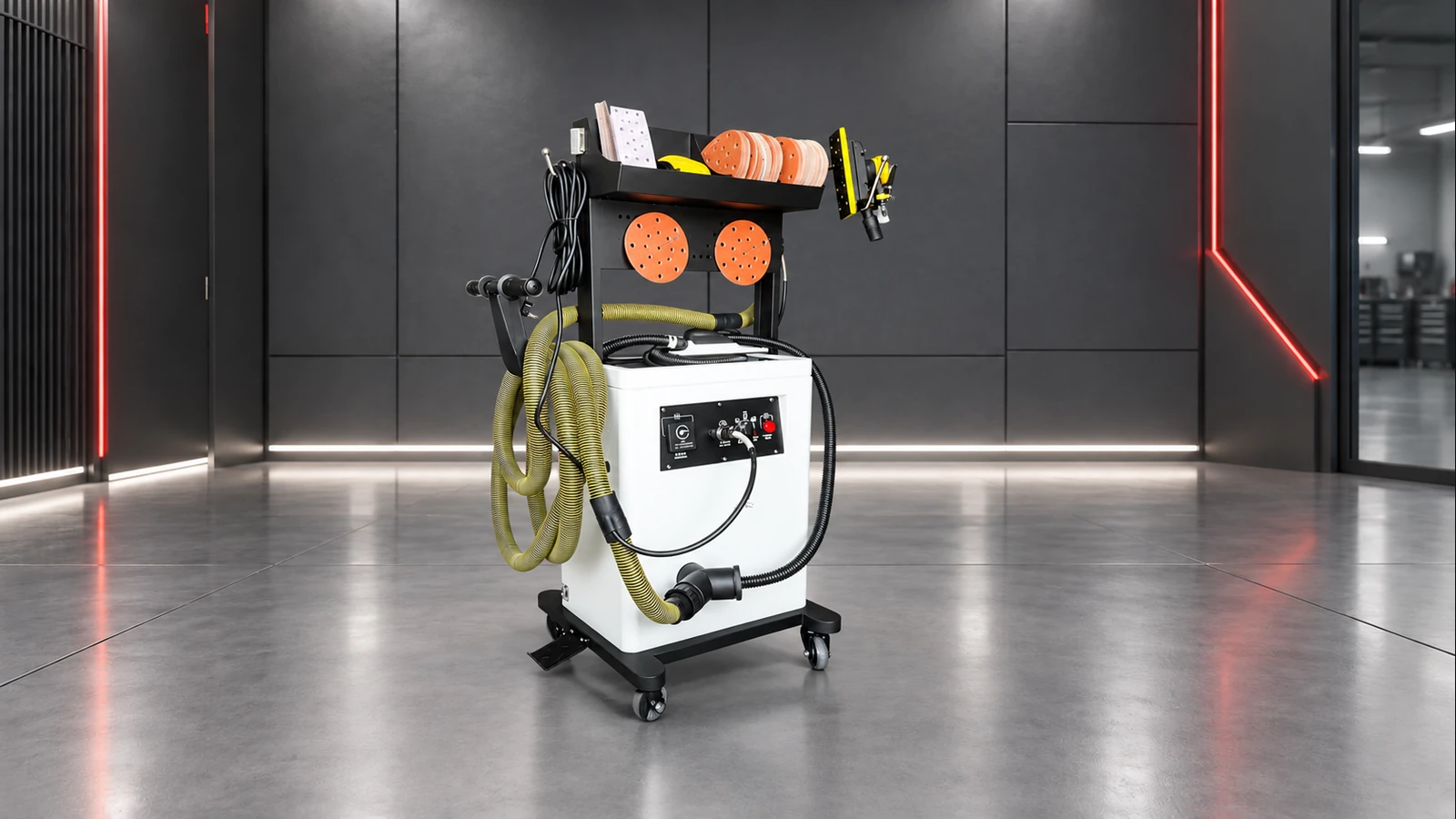 YOKI LY-PLUS white dust-free sanding vacuum with hoses, tool rack and castors