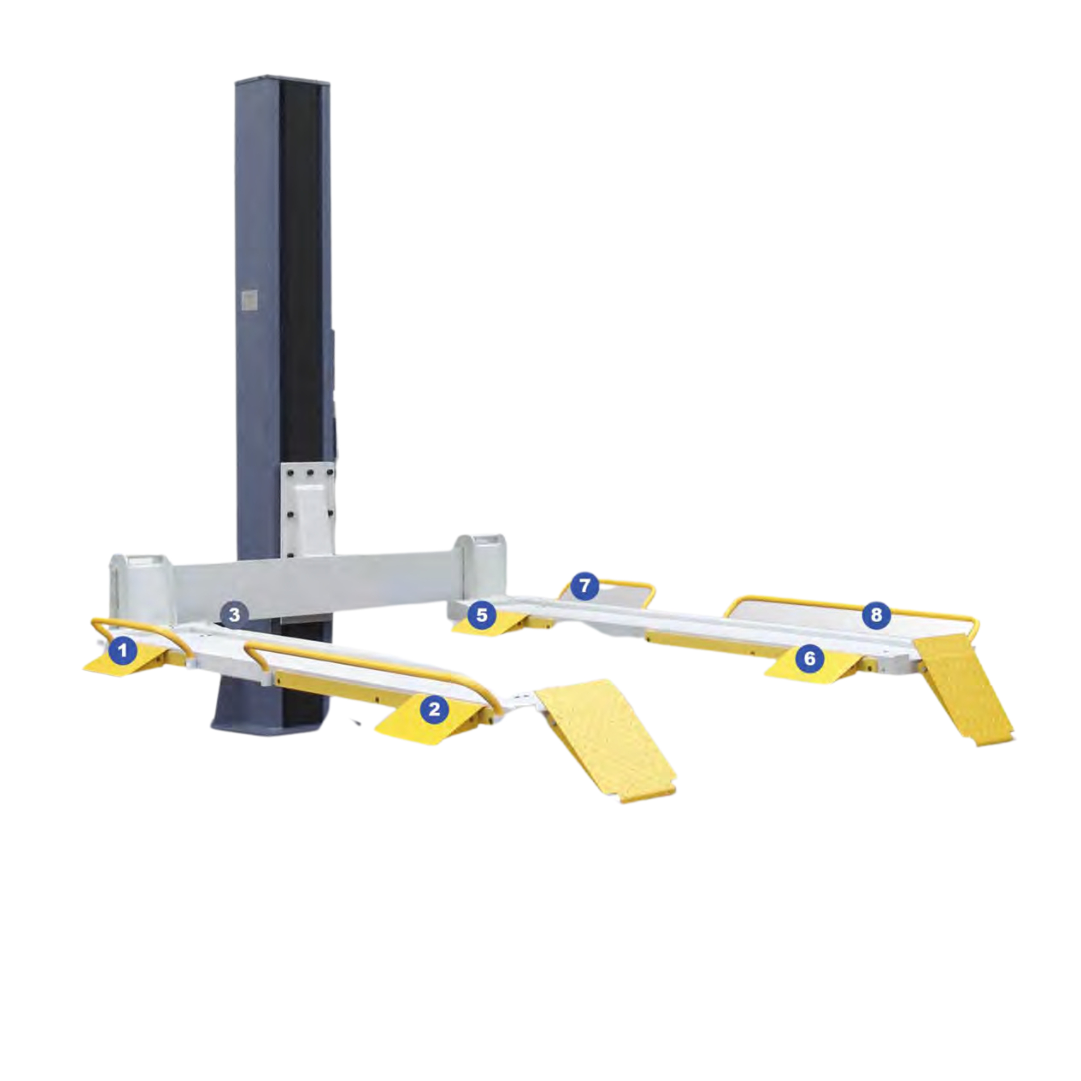 1,000 kg one-post service hoist for lawnmowers and UTVs, with manual-release locks and optional removable alloy deck inserts.