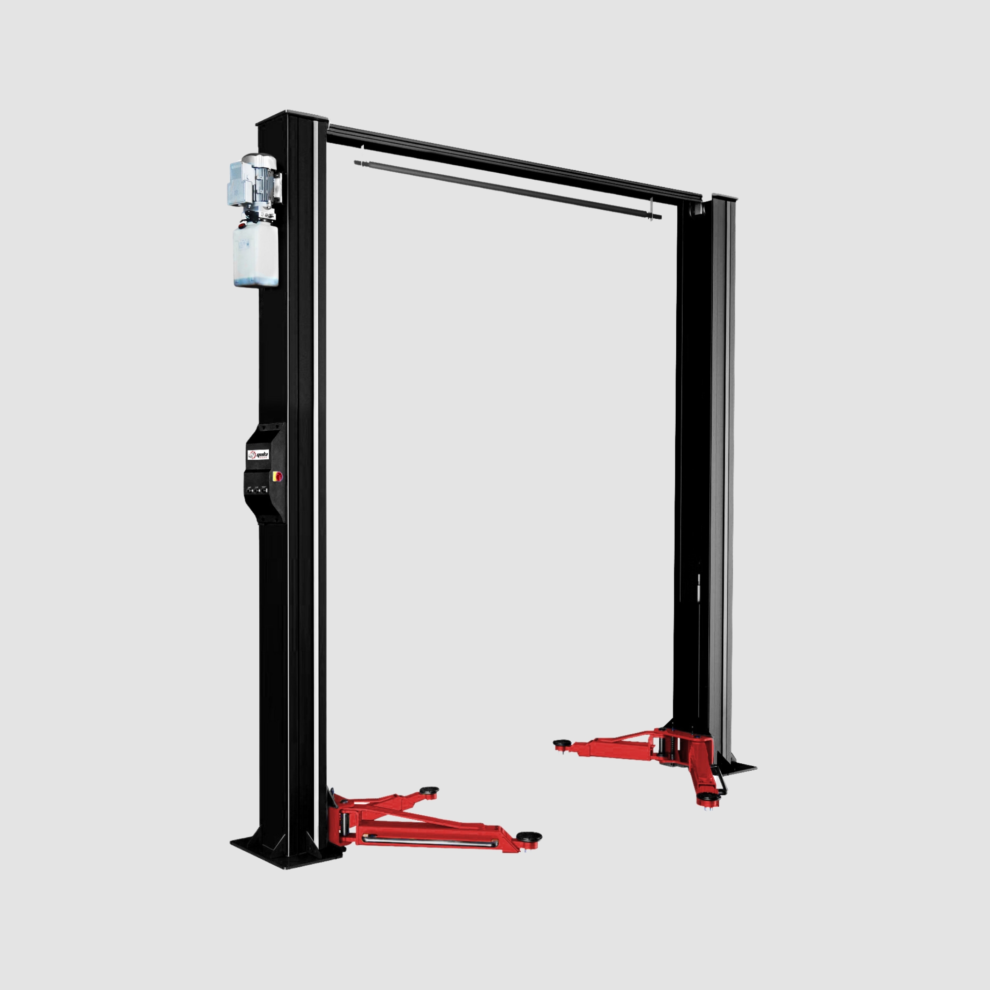 4T electric hydraulic clear-floor two-post hoist with electrical safety lock release, open under-vehicle access and professional workshop lifting performance.