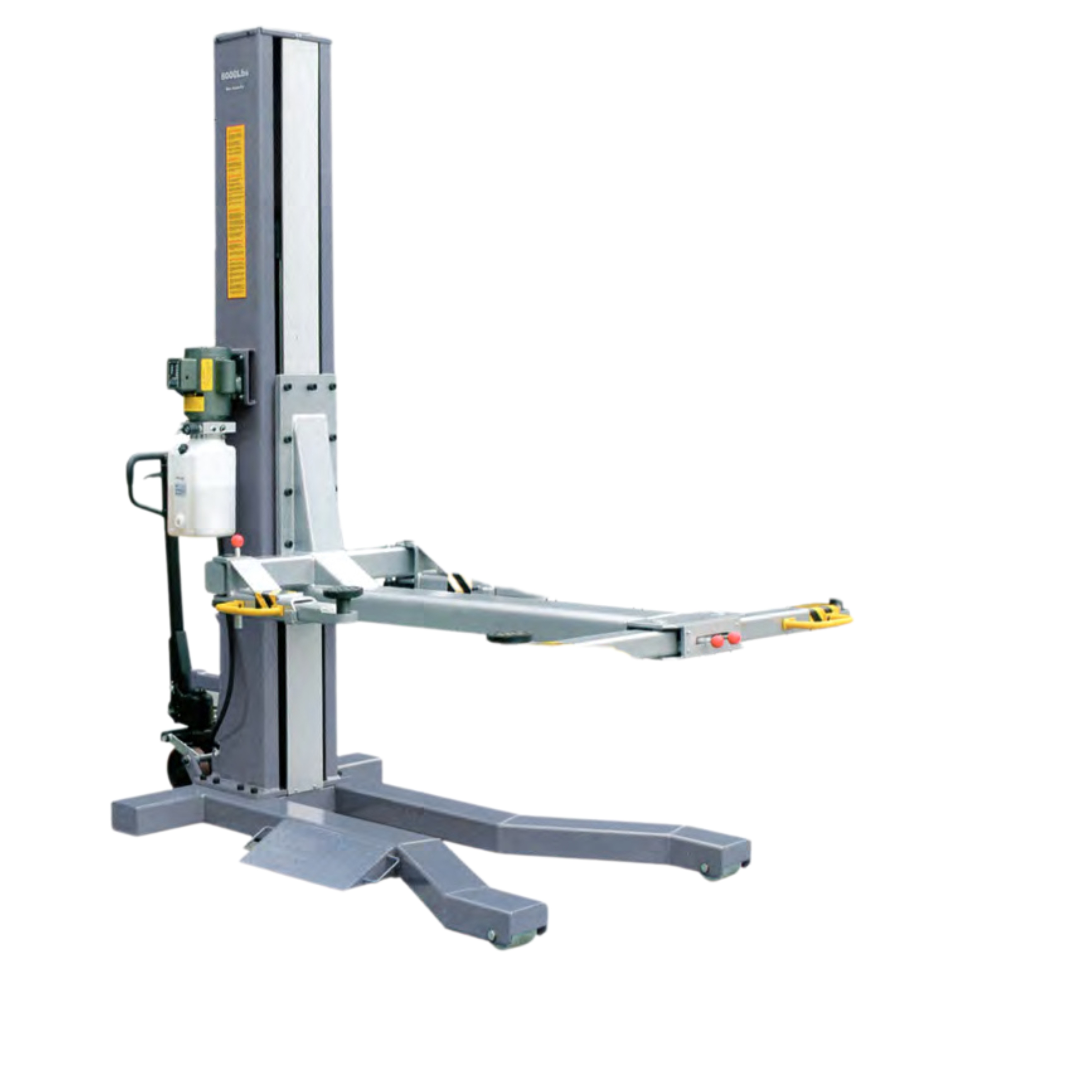 Portable 2,500 kg one-post service hoist with electro-release dual locks, low 100 mm pad height and optional UTV arms.