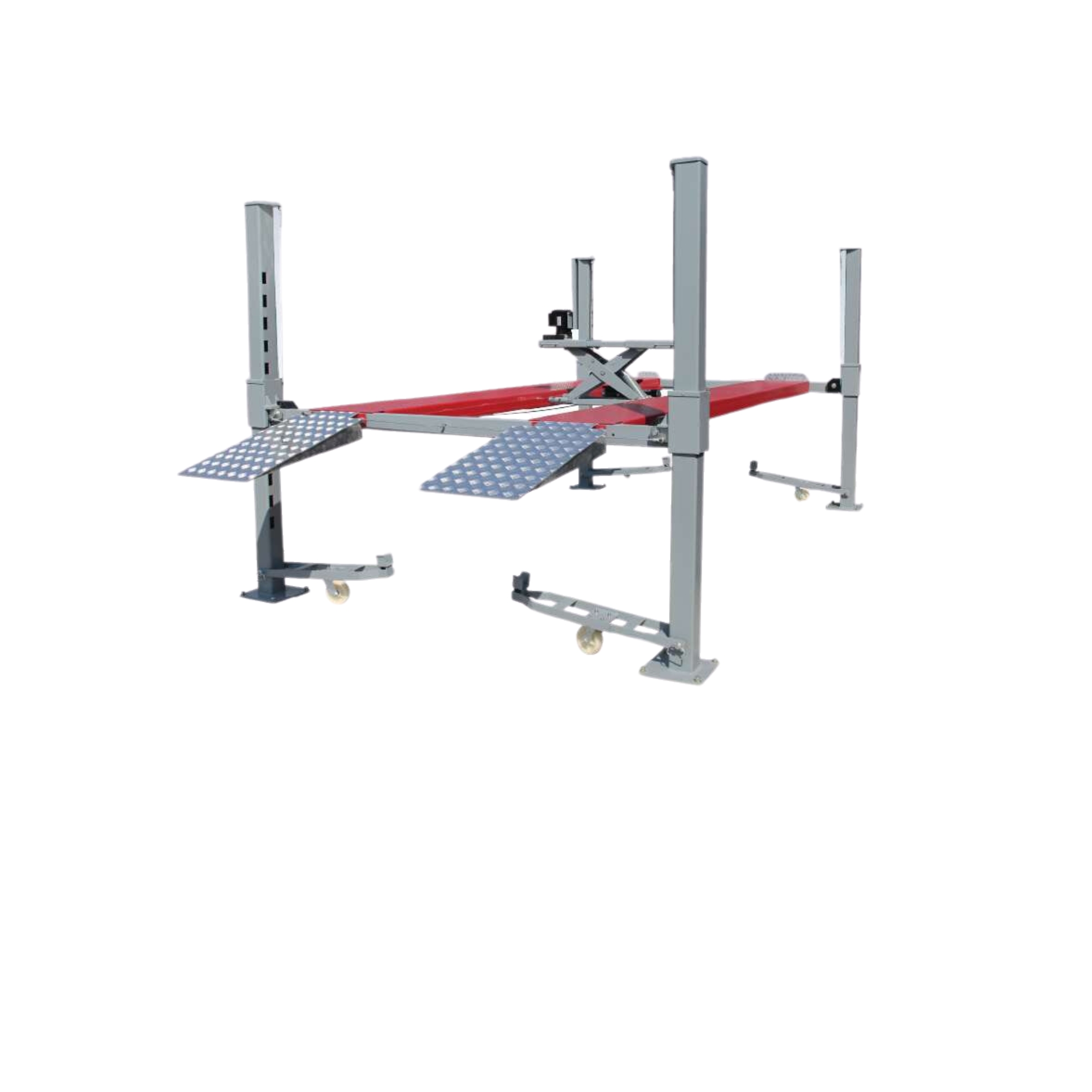 4T box-design four post lift supplied with manual sliding plate jacking beam for more flexible workshop service access.