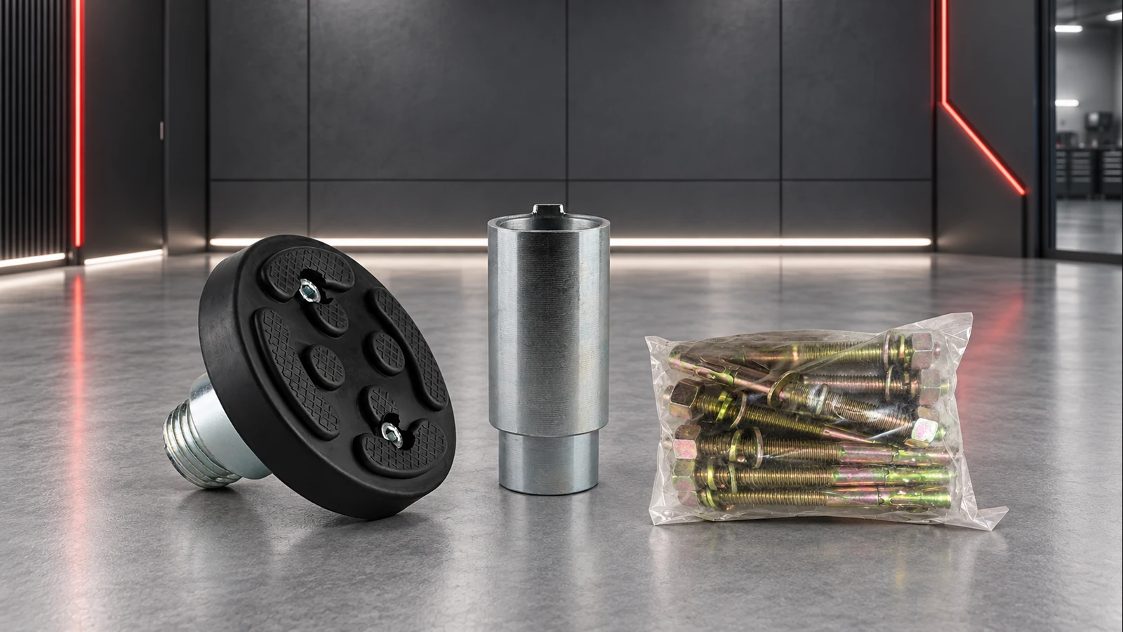 Hoist rubber pad, metal height adaptor and sealed bag of anchor bolts