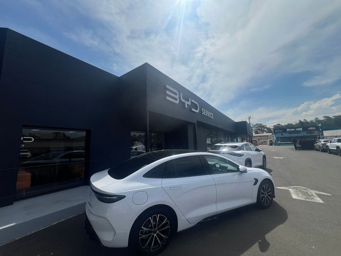 BYD Campbelltown service centre exterior with a white BYD vehicle