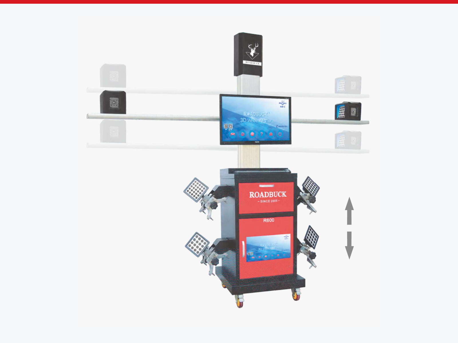 Three-camera 3D wheel aligner with connected workshop software.