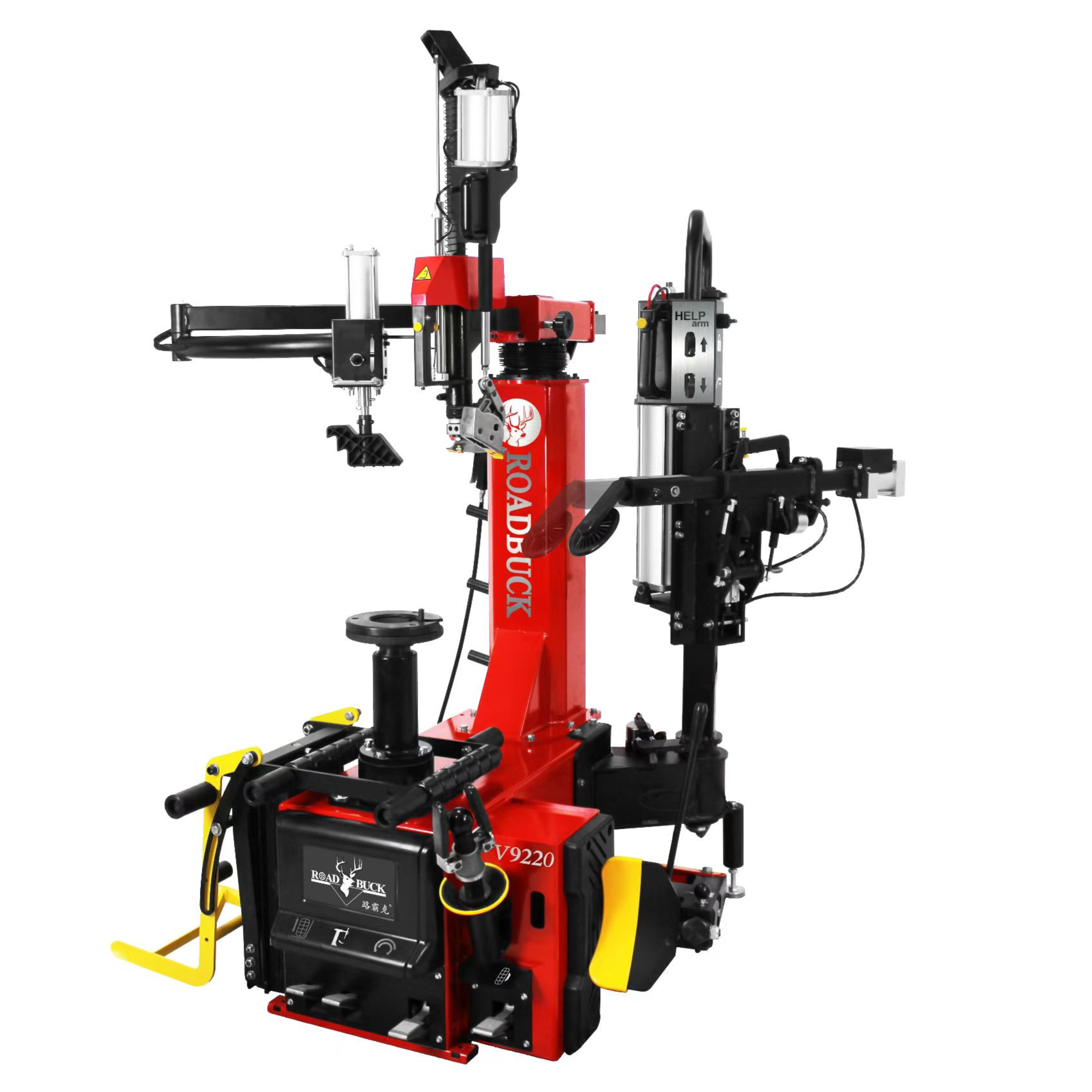 Advanced leverless centre clamping tyre changer with assist arm for demanding workshop tyre service.