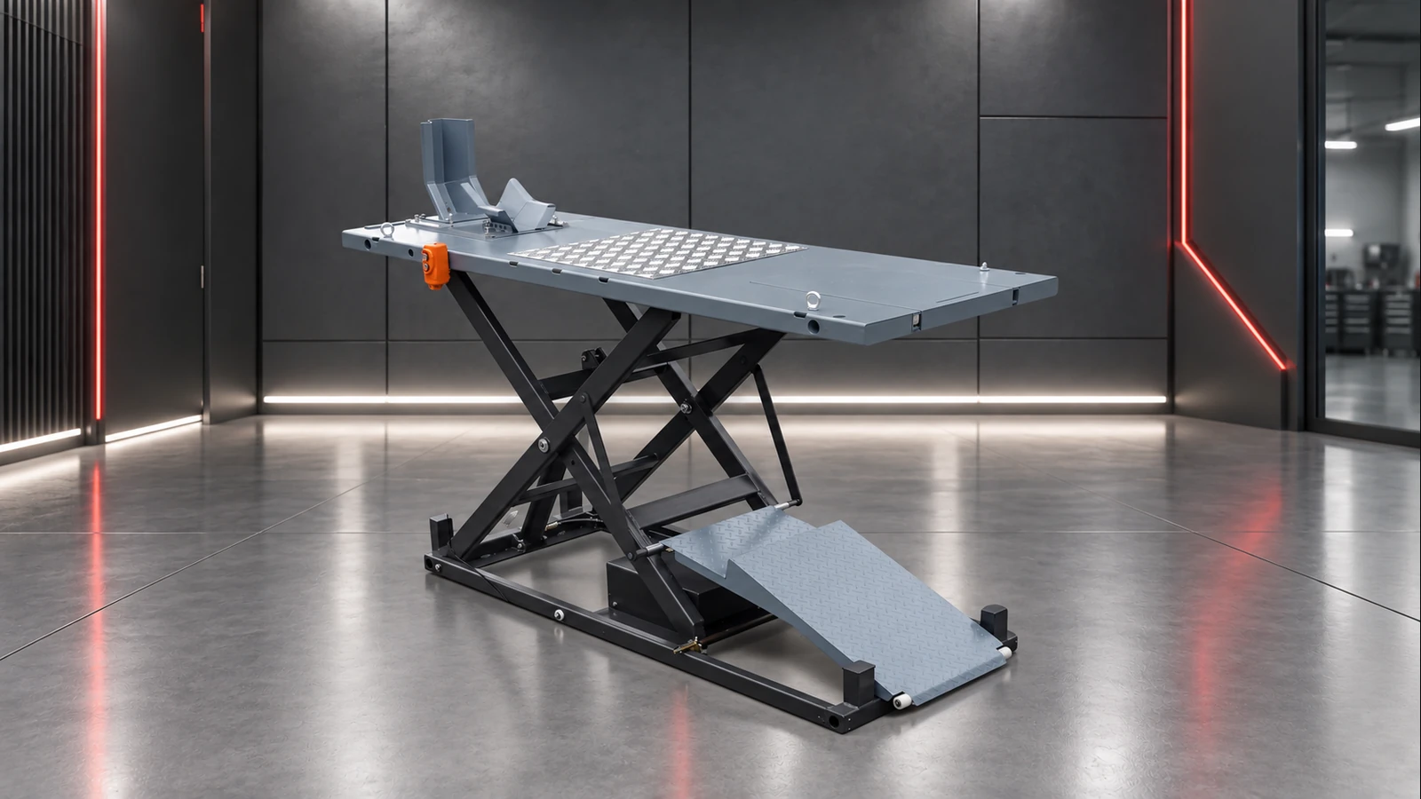 Lift King Electro 1000 motorcycle workbench with grey table and approach ramp