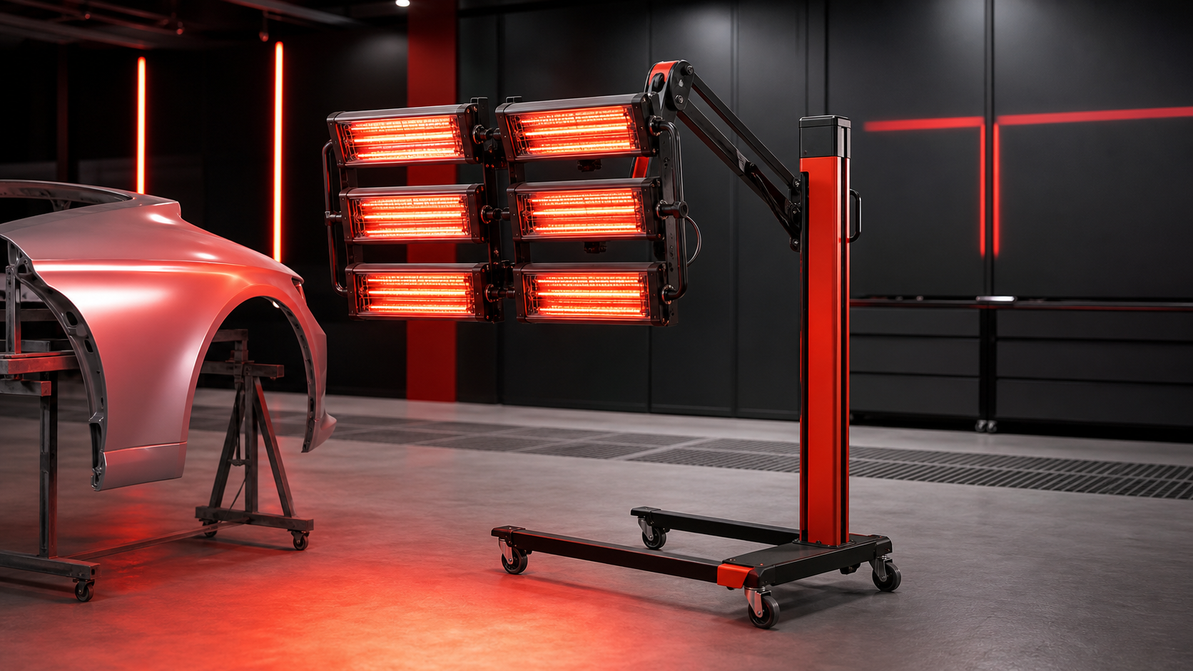 Infrared paint curing lamp equipment in a black and red body shop setting.