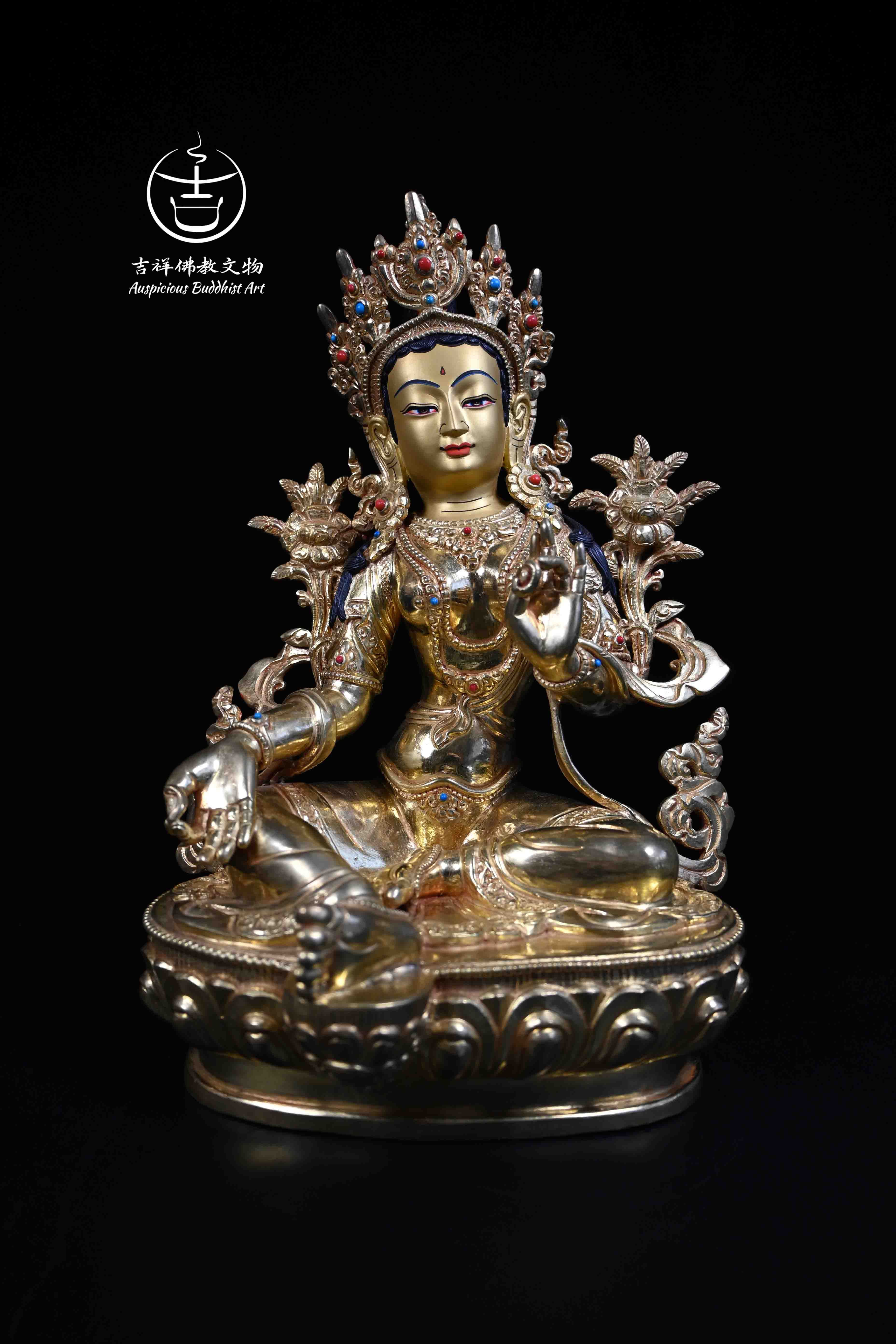 Buddhist Statue of Green Tara Handcarved with Full Gold Plating & Stone Setting