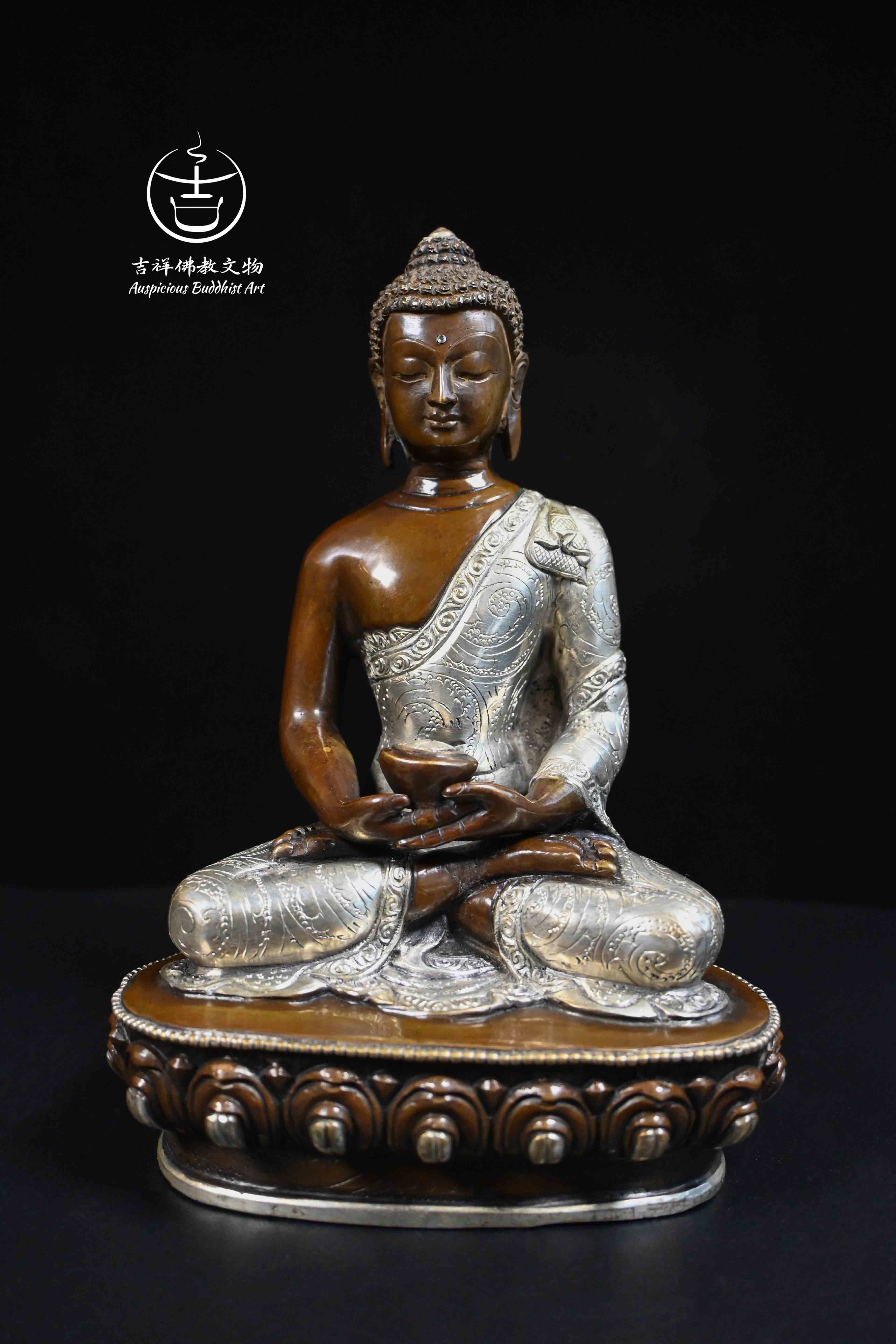 Buddhist Statue of Amitabha Buddha Handcarved with Silver Plating Red Cooper
