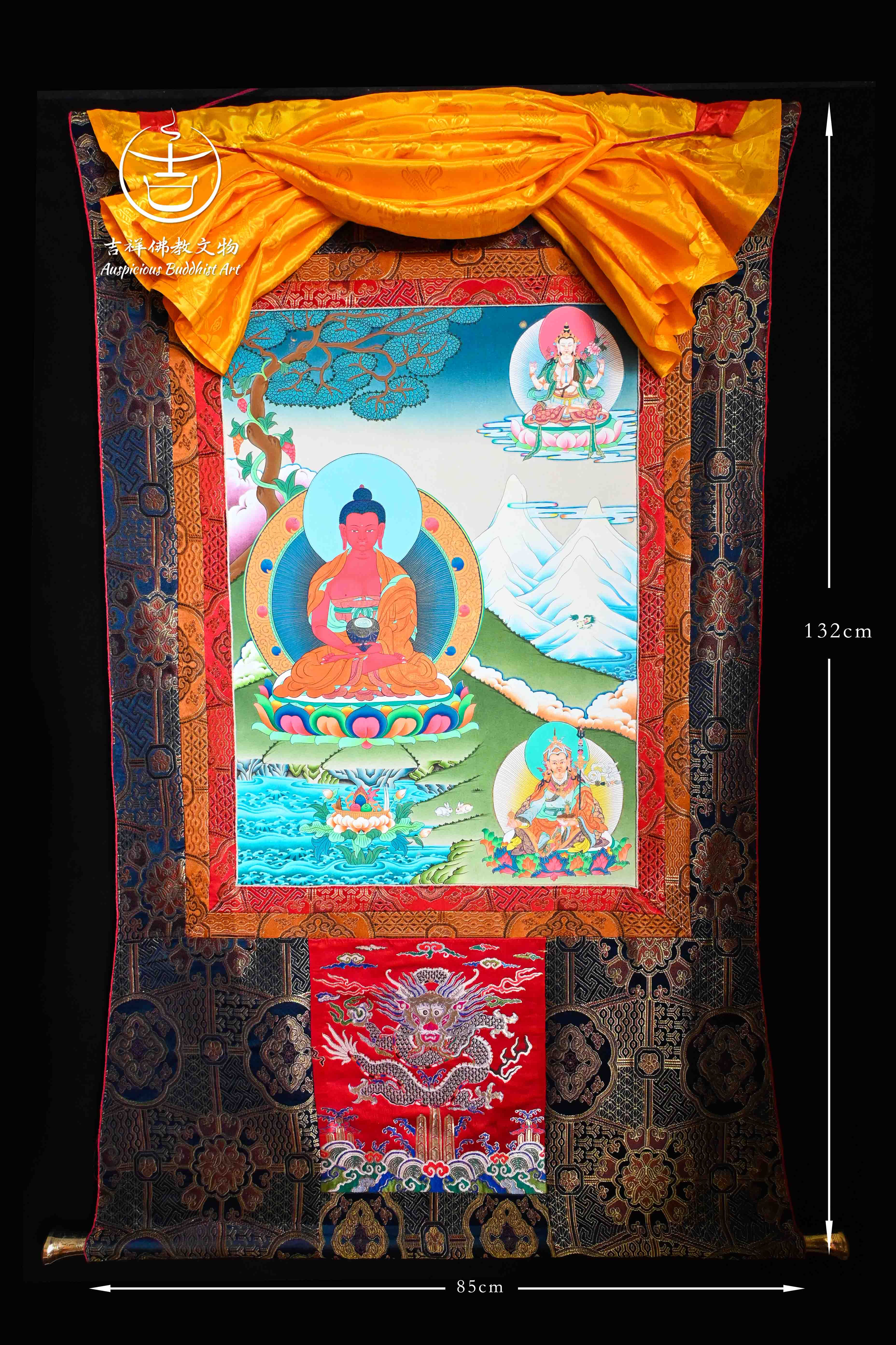 純手繪大師級唐卡【阿彌陀佛+蓮花生大士+四臂觀音】三合一藏傳佛教佛堂裝飾掛畫