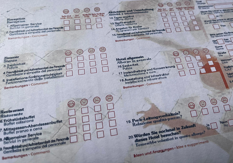 Primjer klasičnog hotelskog upitnika s okruglim smajlićima i skalom od 1 do 5, koji služi kao tradicionalna prva linija kontrole kvalitete u turizmu.