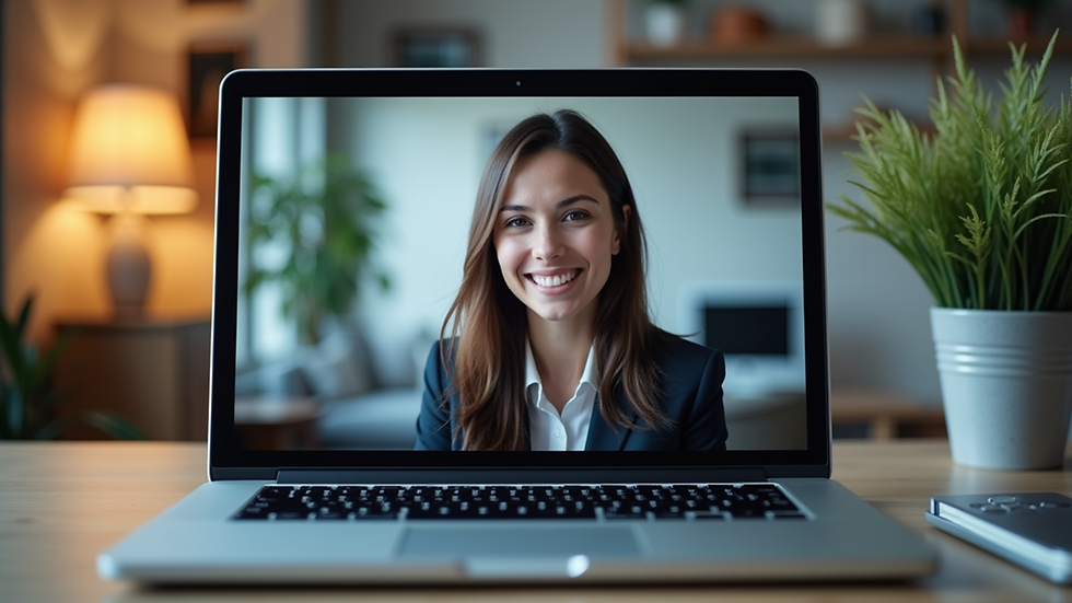 eye-level view of a laptop screen showing a video call with a business consultant