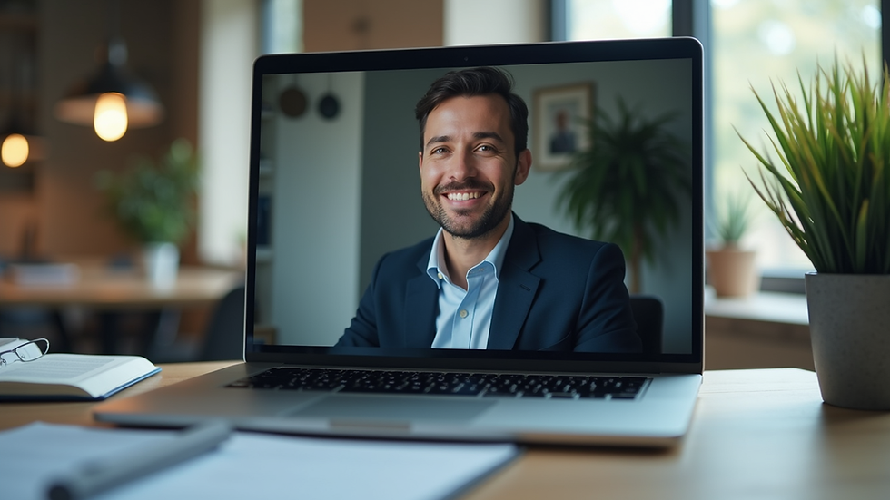 eye-level view of a laptop screen showing a video call with a business consultant