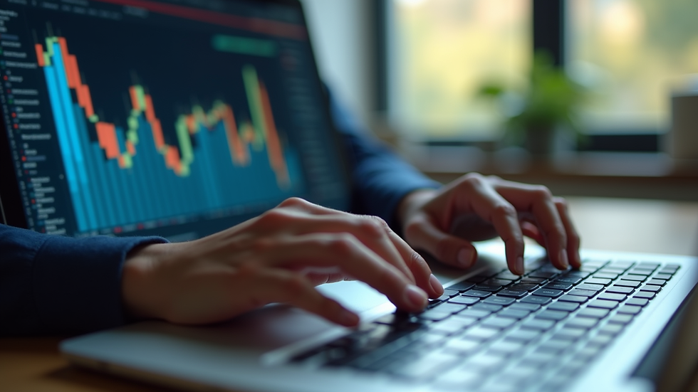 Close-up view of a person typing on a laptop with business charts on the screen