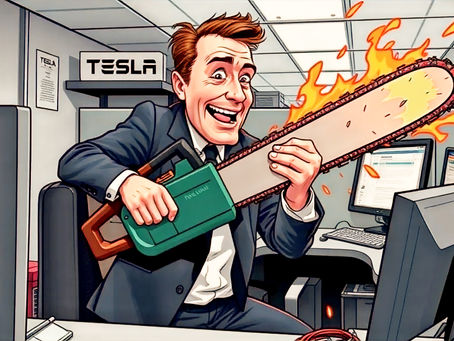 Elon Musk chainsaws his way through a cubicle.