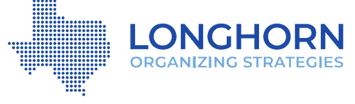 Longhorn Organizing Strategies blue and white logo with texas outline