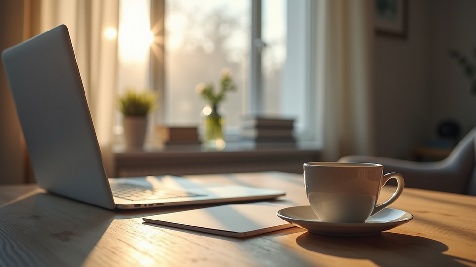 Eye-level view of a cozy home office setup with a laptop and a cup of tea