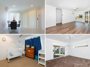 Collage showing upgraded rental interiors, including a dining area with fresh paint, new blinds, and tiled flooring; a bright living room with timber hybrid flooring and an updated ceiling fan; a child’s bedroom with new carpet and modern furnishings; and a second bedroom with new carpet, ceiling fan, and sliding doors to the outdoors.