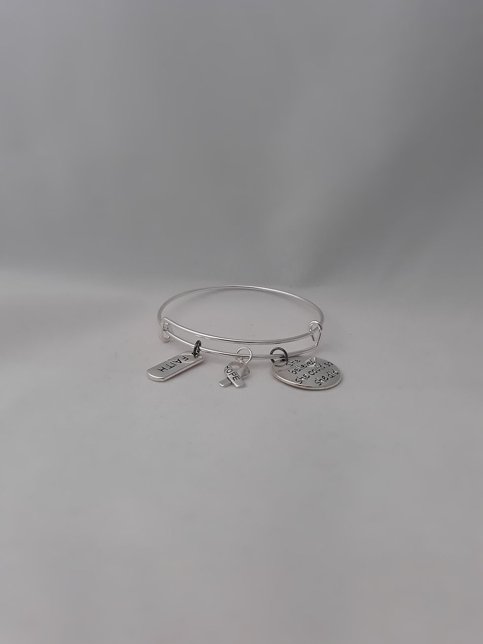 Bright Silver Bangle with Faith, Hope, and She Believed... Charm