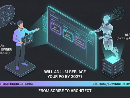 3D isometric infographic representing the collaboration between a human Product Owner focusing on strategy and an AI agent handling data analysis.