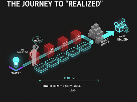 A 3D isometric flowchart showing a 'Value Stream Map.' It illustrates work moving from 'Concept' through 'Design,' 'Build,' and 'Test' to 'Value Realized.' Red 'Wait' blocks are highlighted between stages to show bottlenecks, emphasizing the shift from siloed tasks to continuous value flow.