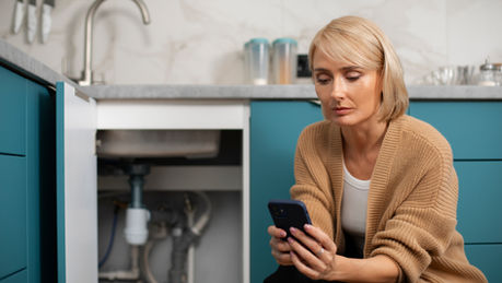 woman using her phone and a sink behind