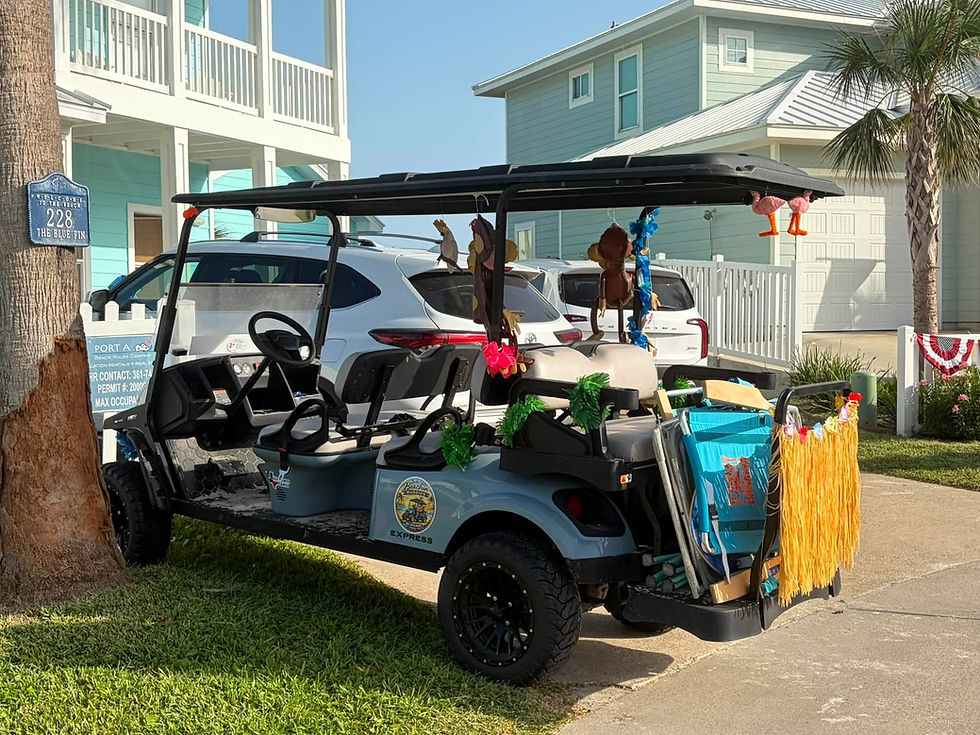 Decorated six-passenger Bodhi’s Beachin’ Buggies golf cart outside The Blue Fin in Port Aransas