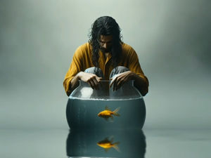 A man sitting in a fish bowl