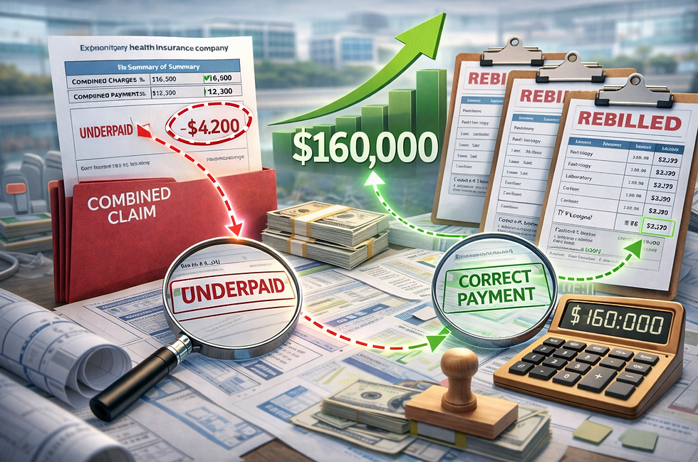 Healthcare billing correction scenario showing financial documents and claim review analysis illustrating rebilling adjustments that led to corrected reimbursement and recovered revenue.