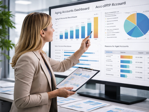 Revenue cycle analyst reviewing aging accounts data on a large glass wall display in a modern healthcare office, representing financial recovery strategy and accounts receivable management.